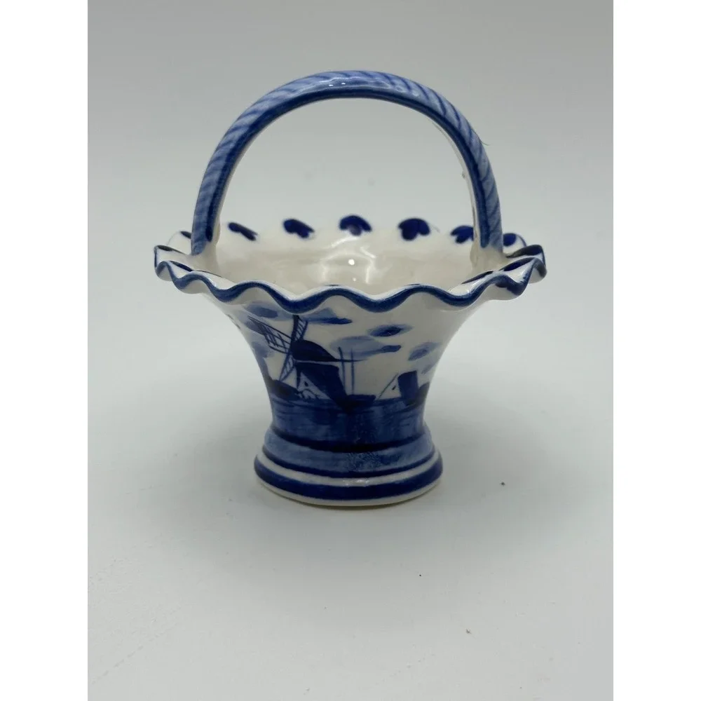 Vintage 1984 Handpainted Delft Blue Miniature Ceramic Basket Windmill DALC